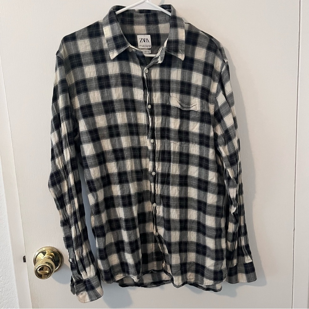 Zara Men’s Plaid Long Sleeve Shirt Relaxed Fit Black White Large